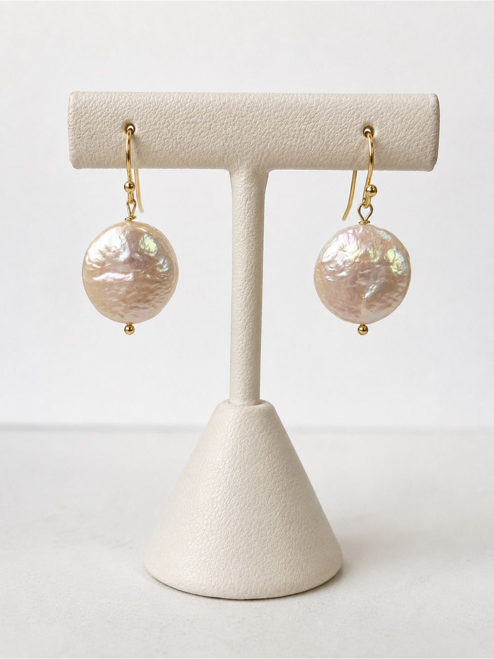 Freshwater Coin Pearl Earrings Gold Plated Nickel Free Hooks - Picture 2 of 6